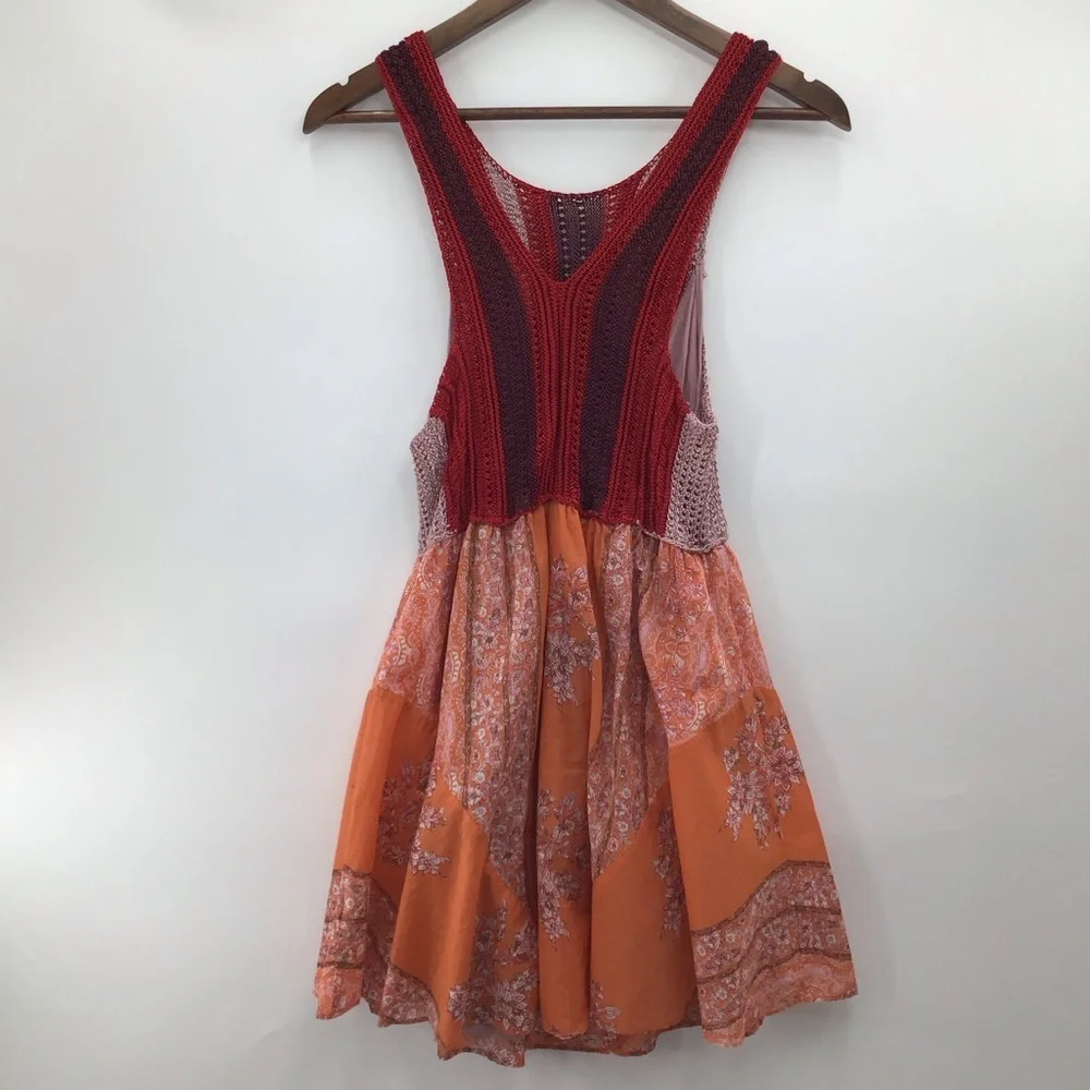 Free People Katie Crochet-Bodice Red and Orange Loral Mini Dress